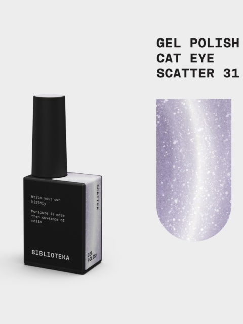 BIBLIOTEKA Cat Eye Gel Polish 31 Scatter, 10 ml - jasny srebrno-fioletowy lakier hybrydowy z efektem „kociego oka"